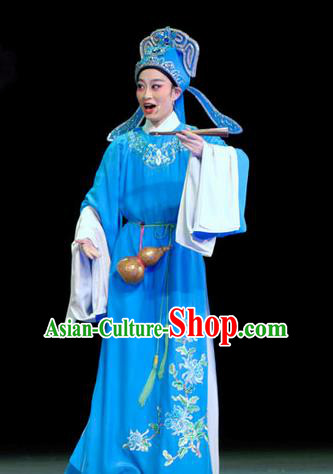 Chinese Yue Opera Scholar Blue Apparels Yu Qing Ting Shen Guisheng Shaoxing Opera Xiao Sheng Costumes Young Male Garment Embroidered Robe and Hat