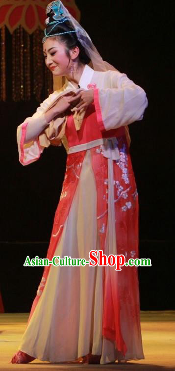 Chinese Huangmei Opera Young Female Costumes Apparels and Headdress Escaping From the Temple Traditional Anhui Opera Taoist Nun Pink Dress Garment