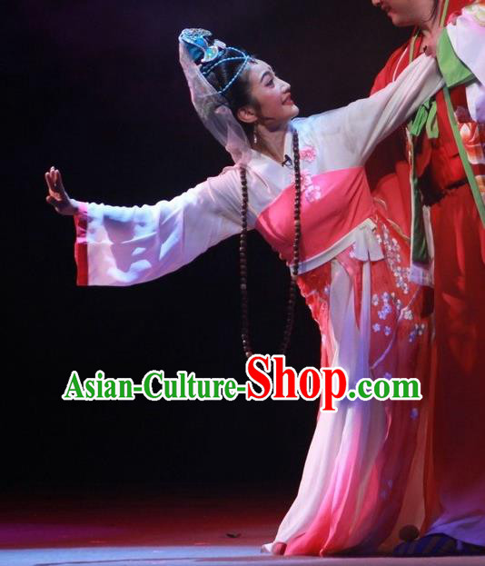 Chinese Huangmei Opera Young Female Costumes Apparels and Headdress Escaping From the Temple Traditional Anhui Opera Taoist Nun Pink Dress Garment