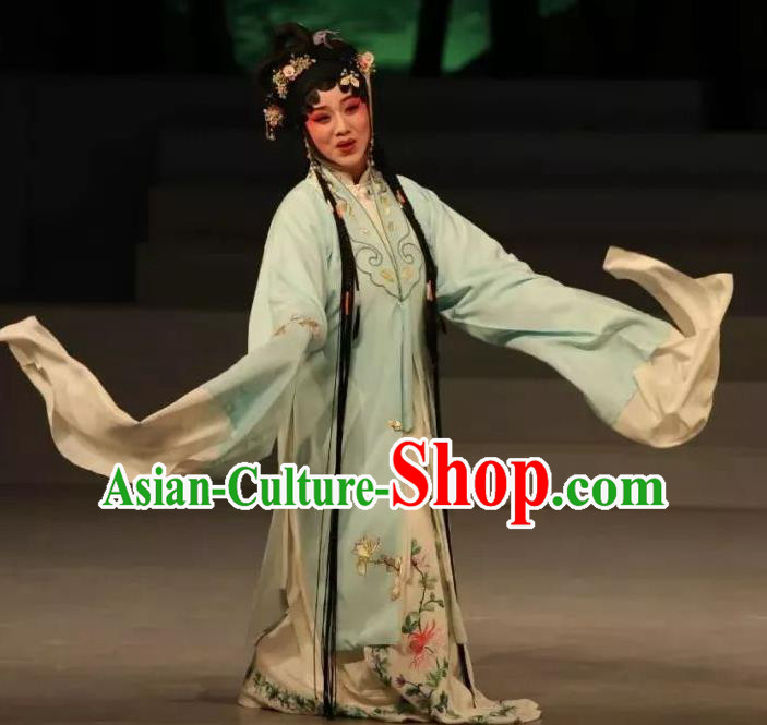 Traditional Chinese Kun Opera Young Beauty Apparels Costumes and Headpieces Zhu Meng Ji Traditional Kunqu Opera Hua Tan Blue Dress Garment