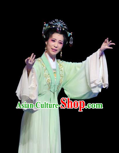 Chinese Shaoxing Opera Hua Tan Costumes Yu Qing Ting Apparels Yue Opera Garment Young Female Noble Lady Green Dress and Headpieces