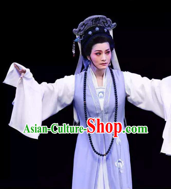 Chinese Shaoxing Opera Taoist Nun Costumes Yu Qing Ting Apparels Yue Opera Garment Young Female Wang Zhizhen Dress and Headdress