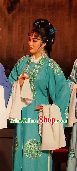 Chinese Shaoxing Opera Diva Costumes The Pearl Tower Apparels Yue Opera Hua Tan Garment Actress Green Dress and Headpieces