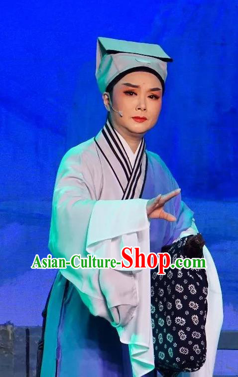 Chinese Yue Opera Niche Poor Scholar Apparels The Pearl Tower Shaoxing Opera Xiao Sheng Costumes Young Male Garment Blue Robe and Hat