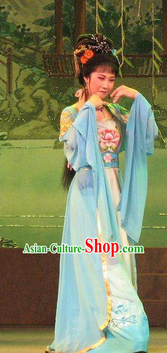 Chinese Shaoxing Opera Hua Tan Diva Costumes The Pearl Tower Apparels Yue Opera Garment Actress Rich Lady Blue Dress and Hair Accessories