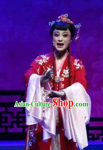 Chinese Shaoxing Opera Female Wedding Costumes Zhang Yu Niang Apparels Yue Opera Hua Tan Actress Red Dress Garment and Headdress