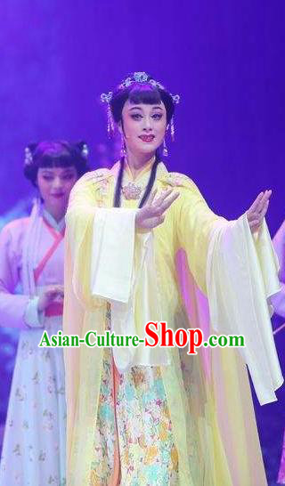 Chinese Shaoxing Opera Noble Lady Costumes Zhang Yu Niang Apparels Yue Opera Hua Tan Actress Yellow Dress Garment and Headpieces