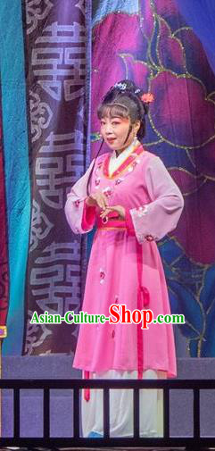 Chinese Shaoxing Opera Servant Girl Costumes The Pearl Tower Apparels Yue Opera Garment Maidservant Rosy Dress and Hair Ornaments