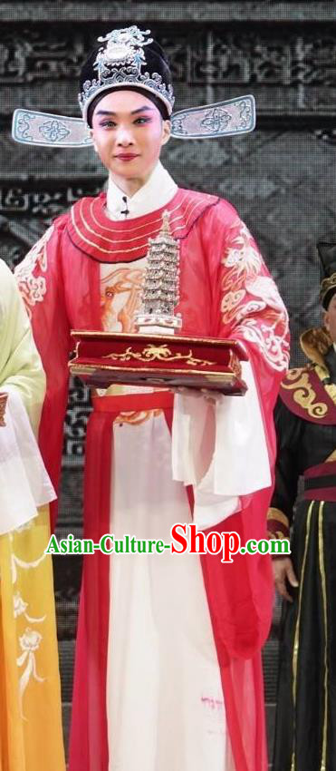 Chinese Yue Opera Niche Apparels The Pearl Tower Shaoxing Opera Xiao Sheng Number One Scholar Fang Qing Costumes Red Garment and Hat