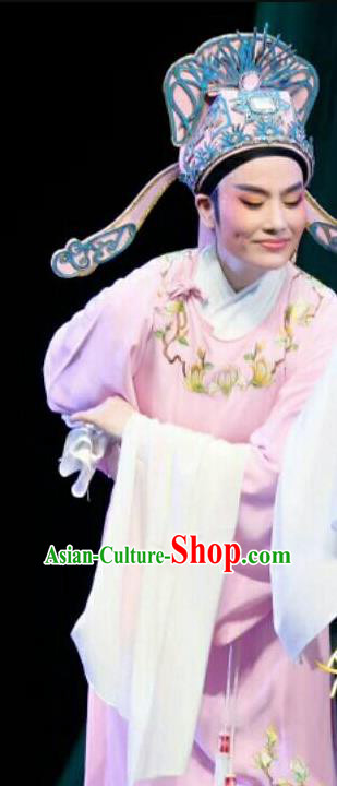 Chinese Shaoxing Opera Xiao Sheng Jiao Zhongqing Garment and Hat Yue Opera The Peacocks Fly To The Southeast Apparels Costumes Niche Pink Robe