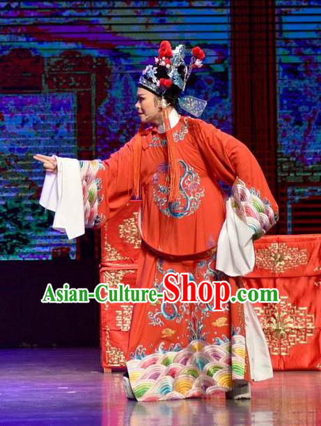 Chinese Shaoxing Opera Xiao Sheng Garment and Hat Yue Opera The Arrogant Princess Apparels Costumes Bridegroom Red Robe