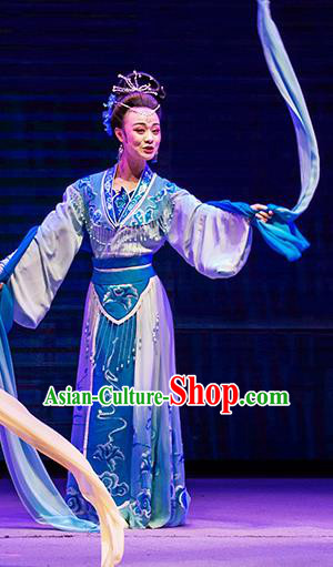 Chinese Huangmei Opera Hua Tan Apparels Costumes and Headpieces Goddess Marriage Traditional Anhui Opera Diva Blue Dress Garment