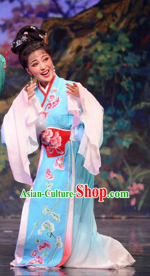 Chinese Huangmei Opera Apsara Apparels Costumes and Headpieces Goddess Marriage Traditional Anhui Opera Hua Tan Blue Dress Actress Garment