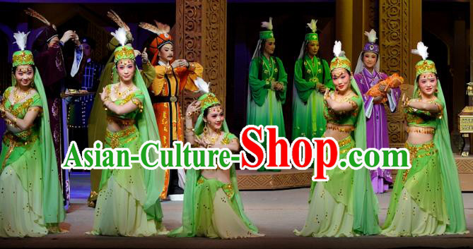 Chinese Shaoxing Opera Court Lady Green Dress Desert Prince Yue Opera Garment Costumes Figurant Green Apparels and Headwear