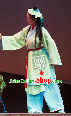 Chinese Huangmei Opera Young Boy Green Costumes and Headwear Li Shizhen An Hui Opera Livehand Apparels Clothing