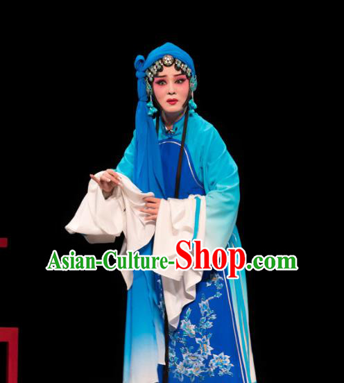 Chinese Huangmei Opera Distress Woman Garment Costumes and Headdress Luo Pa Ji Traditional Anhui Opera Actress Chen Saijin Blue Dress Apparels