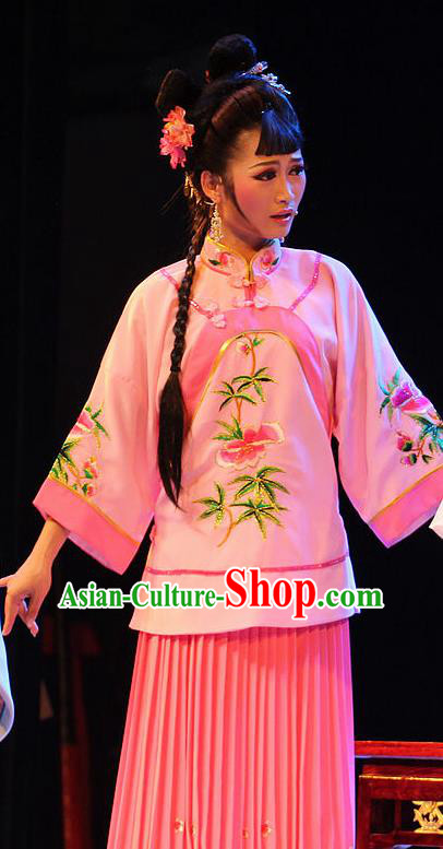 Chinese Huangmei Opera Servant Girl Pink Garment Costumes and Headpieces True and False Groom Traditional Anhui Opera Young Lady Dress Apparels