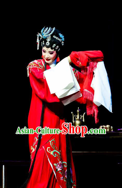 Chinese Huangmei Opera Actress Red Garment Costumes and Headdress Ji Mo Han Qing Traditional Anhui Opera Hua Tan Wedding Dress Apparels