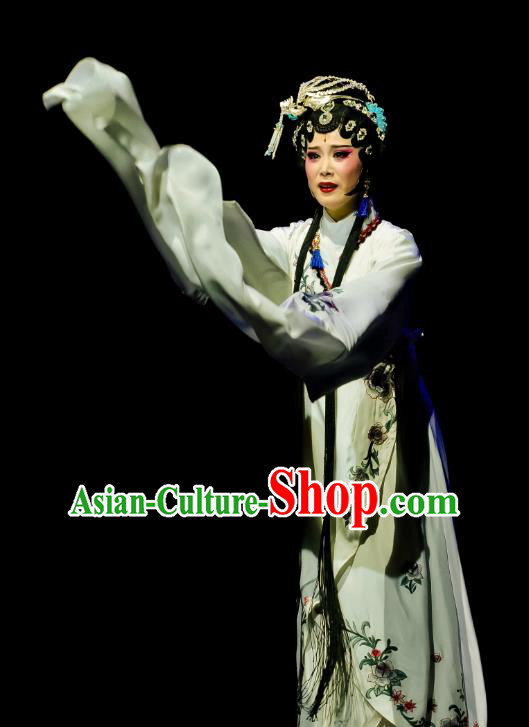 Chinese Huangmei Opera Hua Tan Garment Costumes and Headpieces Ji Mo Han Qing Traditional Anhui Opera Diva White Dress Apparels