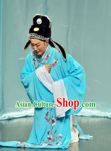 Chinese Classical Shaoxing Opera Young Man Blue Robe The Jade Hairpin Costumes Garment Yue Opera Scholar Wang Yulin Garment Apparels and Hat