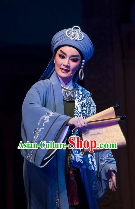 Chinese Shaoxing Opera Swordsman Blue Garment Classical Yue Opera Desert Prince Niche Luo Lan Apparels Young Male Costumes and Headpiece