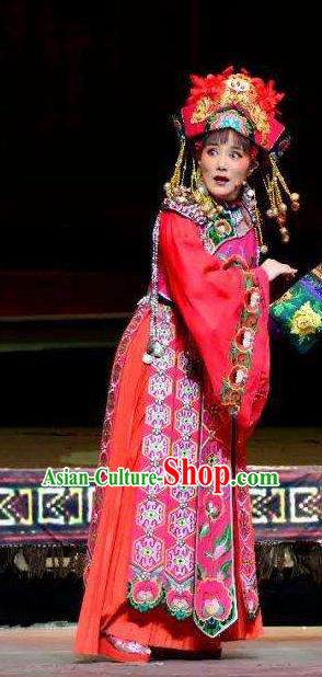 Chinese Huangmei Opera Tujia Nationality Bride Garment Costumes and Headdress Traditional Anhui Opera Actress Red Dress Apparels