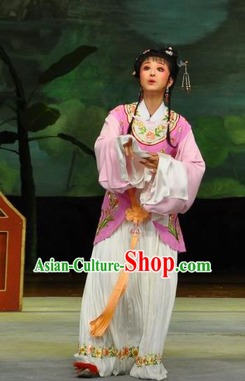 Chinese Shaoxing Opera Xiao Dan Dress Dream of the Red Chamber Yue Opera Actress Costumes Apparels Servant Girl Garment and Hair Accessories