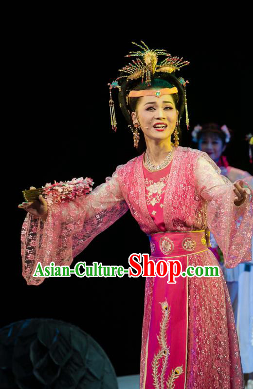 Chinese Huangmei Opera Diva Garment Costumes and Headpieces Dream of Red Mansions Traditional Anhui Opera Noble Female Rosy Dress Apparels