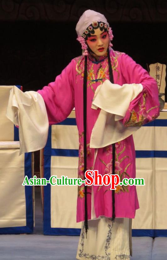 Chinese Ping Opera Hua Tan Rosy Apparels Costumes and Headdress Zhen Zhu Shan Traditional Pingju Opera Actress Wang Sanqiao Dress Garment