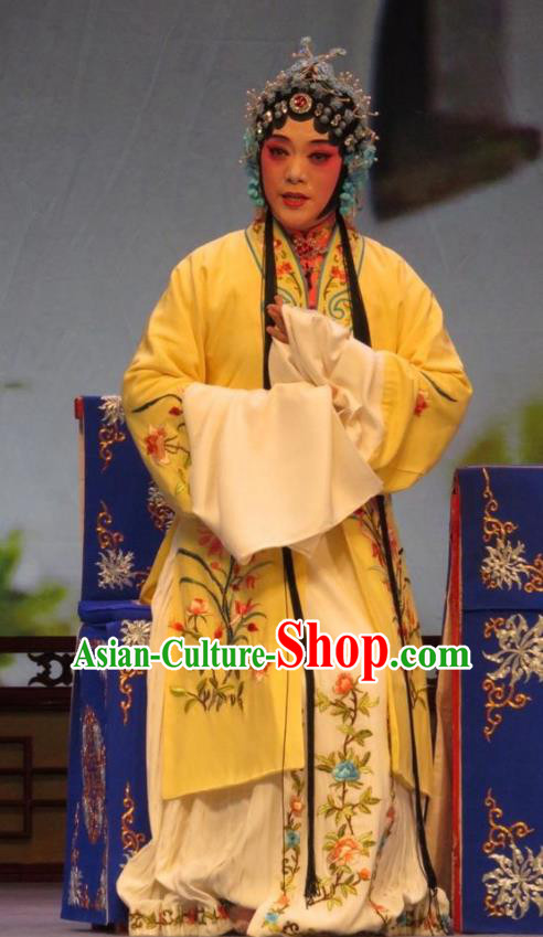 Chinese Ping Opera Diva Wang Sanqiao Apparels Costumes and Headdress Zhen Zhu Shan Traditional Pingju Opera Hua Tan Yellow Dress Garment