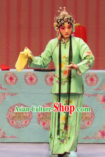 Chinese Ping Opera Servant Girl Green Costumes and Headdress Zhen Zhu Shan Traditional Pingju Opera Young Lady Dress Garment Apparels