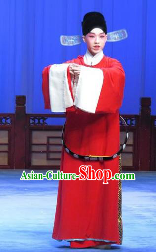 Zhu Hen Ji Chinese Ping Opera Young Male Zhu Chundeng Costumes and Headwear Pingju Opera Xiaosheng Apparels Red Official Clothing