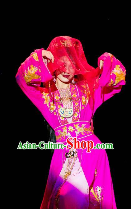 Chinese Huangmei Opera Young Lady Garment Costumes and Headpieces Traditional Anhui Opera Diva Dream of Red Mansions Xue Baochai Rosy Dress Apparels