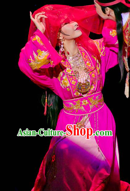 Chinese Huangmei Opera Young Lady Garment Costumes and Headpieces Traditional Anhui Opera Diva Dream of Red Mansions Xue Baochai Rosy Dress Apparels