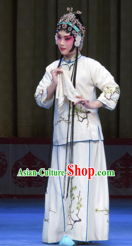 Chinese Ping Opera Hua Tan Garment Costumes and Headdress Jie Nv Qiao Pei Traditional Pingju Opera Actress Li Fengying White Dress Apparels