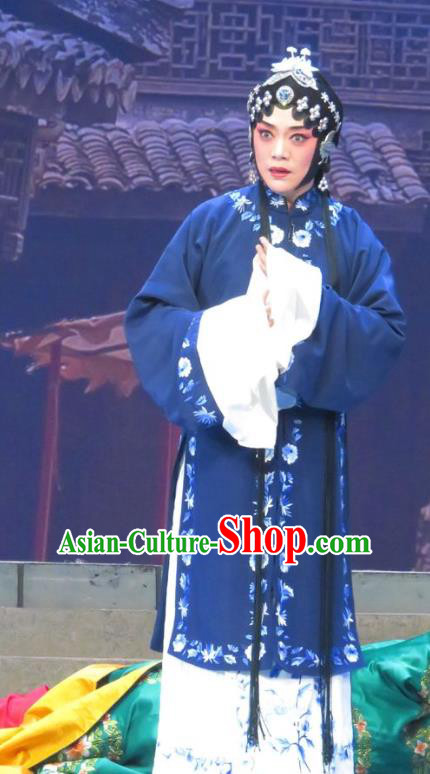 Chinese Ping Opera Tsing Yi Costumes Apparels and Headdress Bao Gong San Kan Butterfly Dream Traditional Pingju Opera Actress Blue Dress Garment