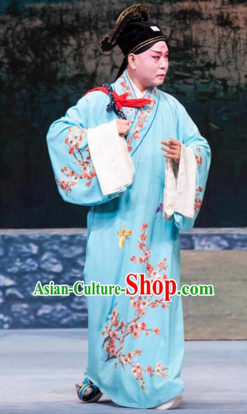 Geng Niang Chinese Ping Opera Scholar Jin Dayong Costumes and Headwear Pingju Opera Xiaosheng Young Man Blue Apparels Clothing