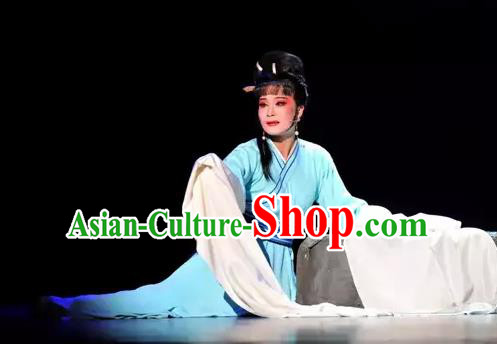 Chinese Shaoxing Opera Civilian Female The Story of Hairpin Qian Yulian Blue Dress Costumes Yue Opera Actress Apparels Garment and Hair Ornament