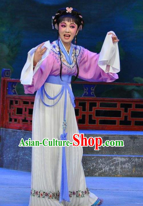 Chinese Shaoxing Opera Actress Dress Dream of the Red Chamber Yue Opera Costumes Apparels Maidservant Zi Juan Garment and Hair Jewelry