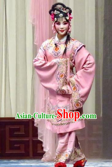 Chinese Ping Opera Xiao Dan Costumes Yu He Qiao Apparels and Headdress Traditional Pingju Opera Young Lady Pink Dress Garment