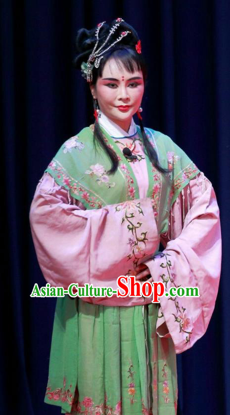 Chinese Ping Opera Xiao Dan Costumes Yu He Qiao Apparels and Headpieces Traditional Pingju Opera Maidservant Green Dress Garment