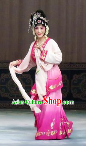 Chinese Ping Opera Patrician Lady Costumes The Wrong Red Silk Apparels and Headpieces Traditional Pingju Opera Hua Tan Rosy Dress Garment