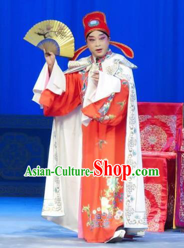 The Wrong Red Silk Chinese Ping Opera Scholar Xue Chunlin Costumes Pingju Opera Young Male Apparels Clothing and Hat