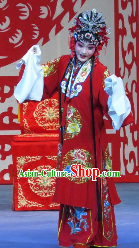 Chinese Ping Opera Bride Li Yue E Flower a Matchmaker Wedding Apparels Costumes and Headdress Traditional Pingju Opera Hua Tan Red Dress Garment