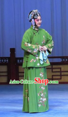 Chinese Ping Opera Young Lady Green Flower a Matchmaker Costumes and Headdress Traditional Pingju Opera Xiandan Dress Garment Apparels