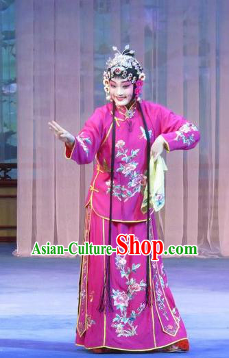 Chinese Ping Opera Flower a Matchmaker Young Lady Costumes and Headdress Traditional Pingju Opera Xiandan Dress Garment Young Female Rosy Apparels