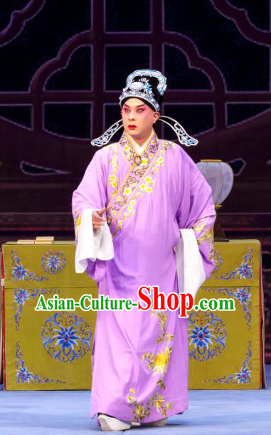 Nao Yan Fu Chinese Ping Opera Xiaosheng Costumes and Headwear Pingju Opera Zeng Rong Apparels Clothing Scholar Lilac Robe