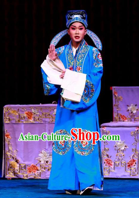 Nao Yan Fu Chinese Ping Opera Costumes and Headwear Pingju Opera Xiaosheng Apparels Clothing Scholar Zeng Rong Blue Robe