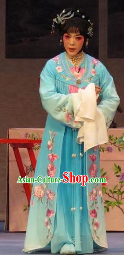 Chinese Ping Opera Actress Diva Apparels Costumes and Headpieces Nao Yan Fu Traditional Pingju Opera Hua Tan Yan Lanzhen Blue Dress Garment