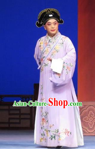 Yuan Yang Pu Chinese Ping Opera Xiaosheng Young Male Costumes and Headwear Pingju Opera Apparels Scholar Pei Zheng Clothing